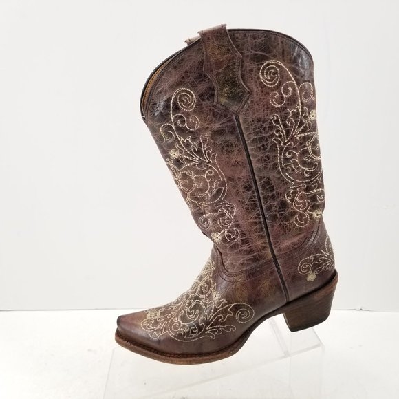 Teens Corral Brown Leather Embroidered Snip Toe Western Cowgirl Boots Size 4.5 T - Picture 5 of 10